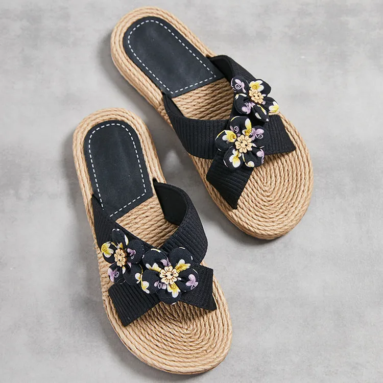 Solid colour summer women's slippers with rope bottom, cotton cloth upper, flowers pattern, and TPR sole