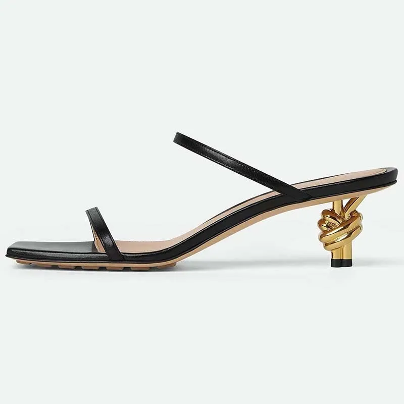 Women's black open toe slippers with square head PU upper, side view