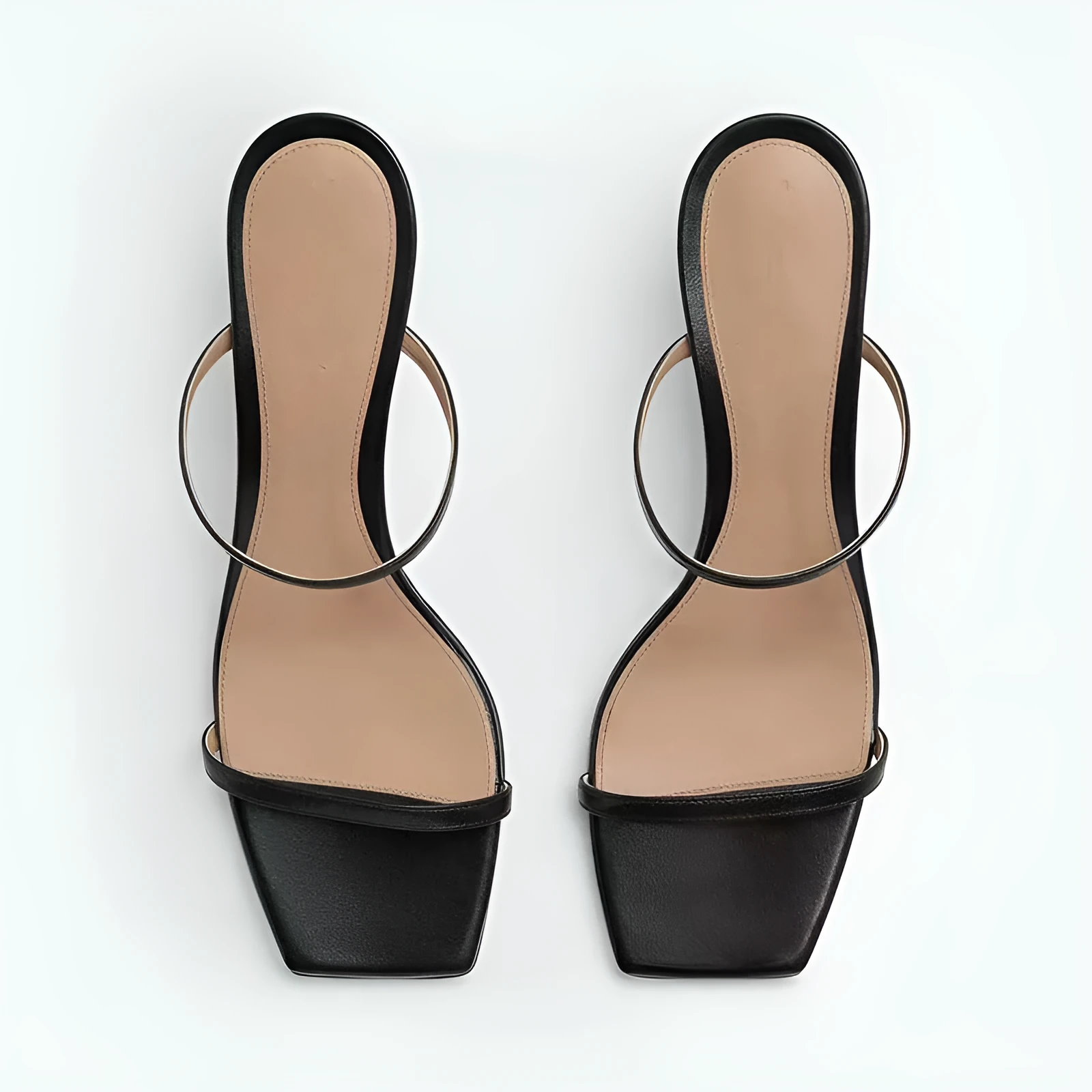 Women's black open toe slippers with square head PU upper, side view