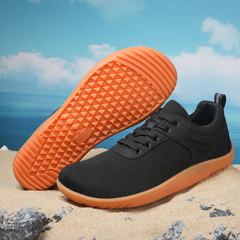 Wide-toe running sports shoes with breathable mesh upper and low-heel beef tendon sole in neutral colors