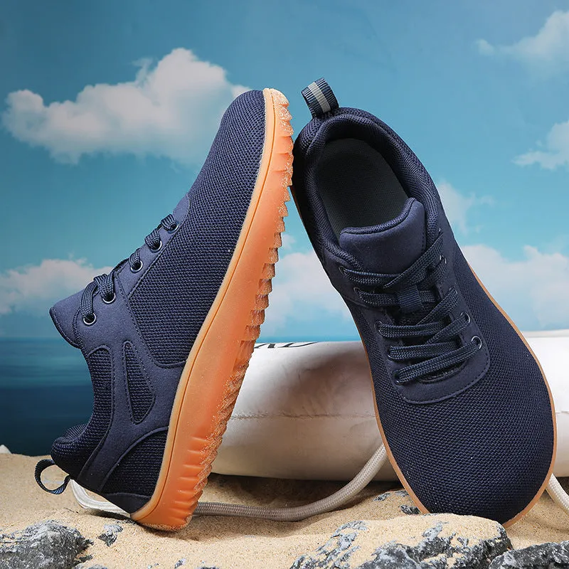 Wide-toe running sports shoes with breathable mesh upper and low-heel beef tendon sole in neutral colors