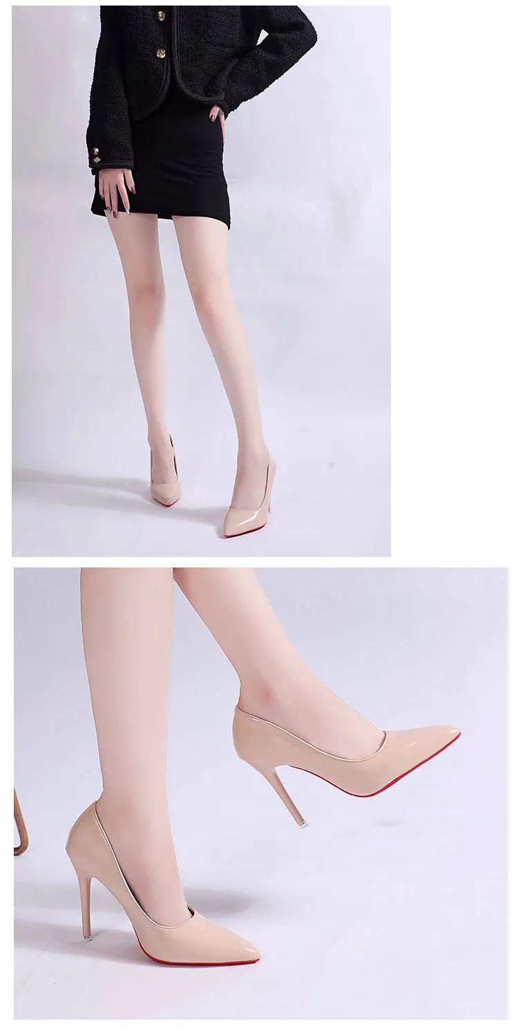 Women's black stiletto heel pump with pointed toe and shallow mouth design on a white background.