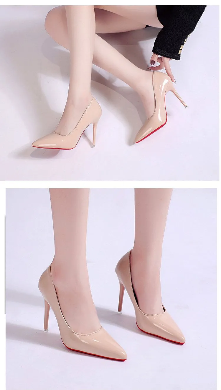 Women's black stiletto heel pump with pointed toe and shallow mouth design on a white background.