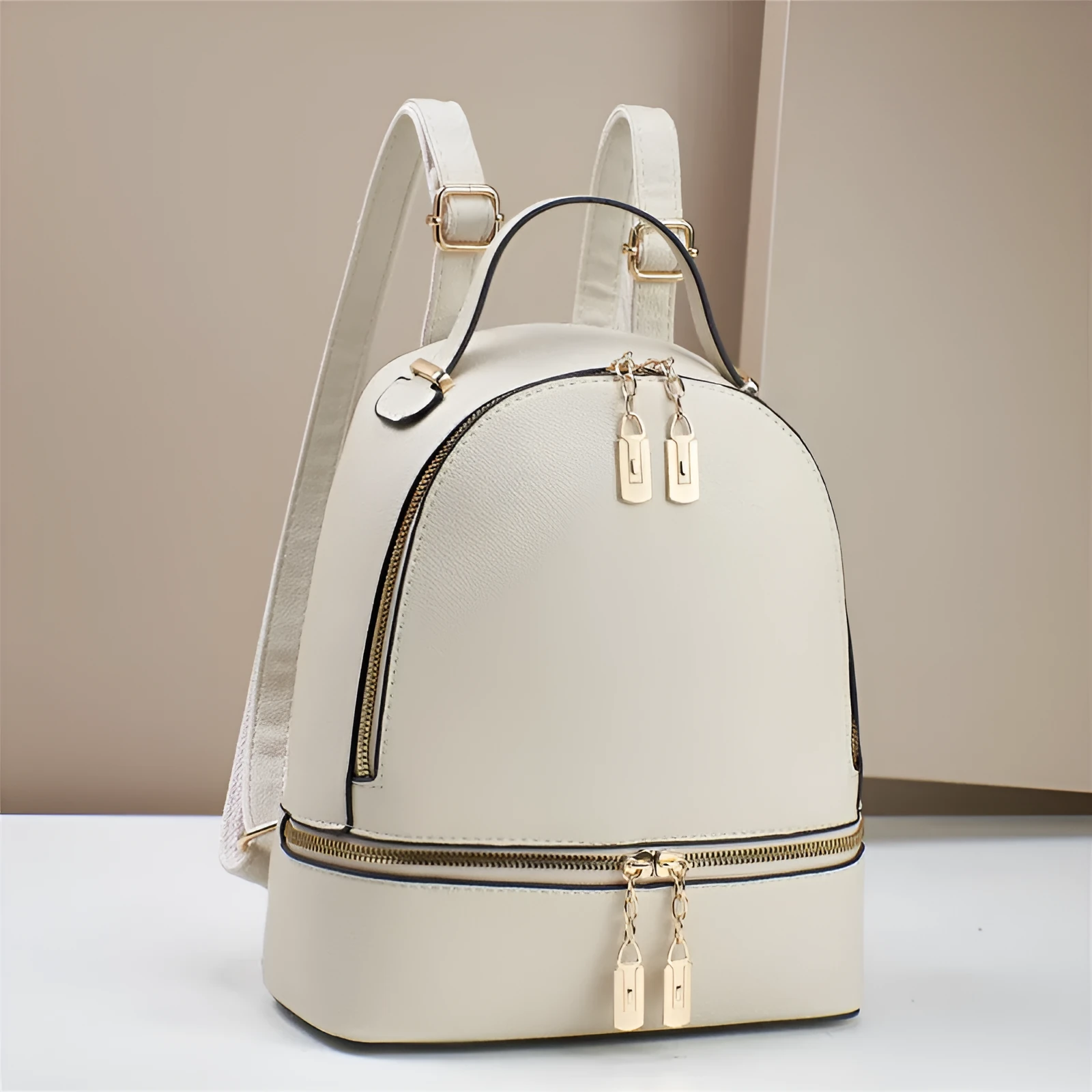 Soft leather large capacity PU travel bag 24x12x29cm in beige with sewing thread detail