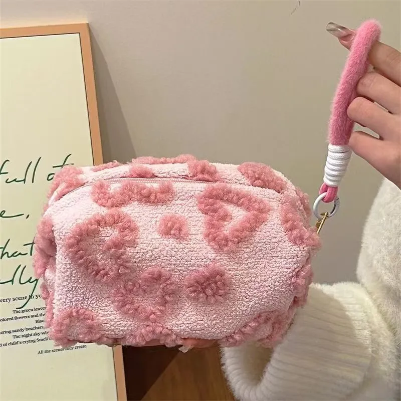 Jacquard plush cosmetic bag in milky white with large capacity and love pattern