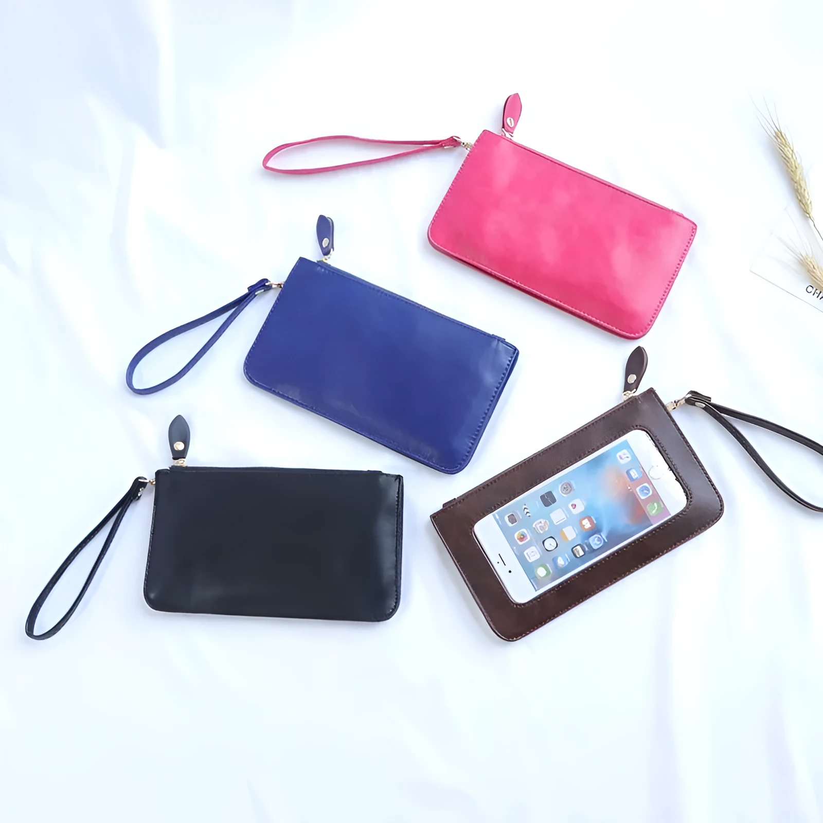 Mini touch screen phone bag with soft surface in blue, black, rose red, brown