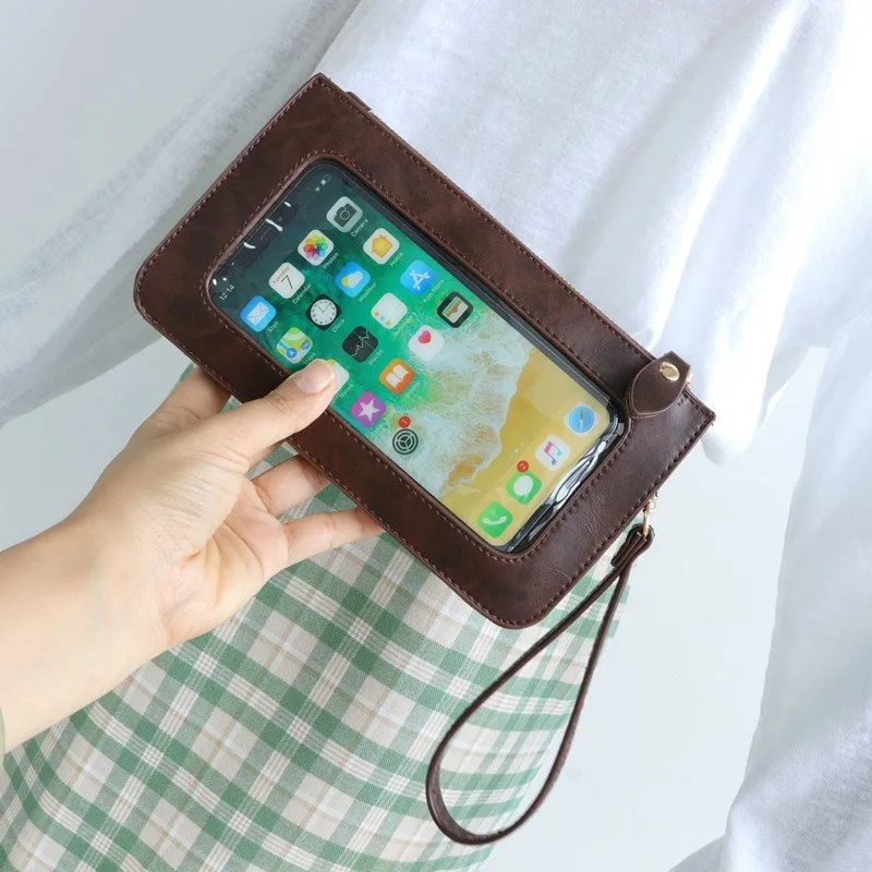 Mini touch screen phone bag with soft surface in blue, black, rose red, brown