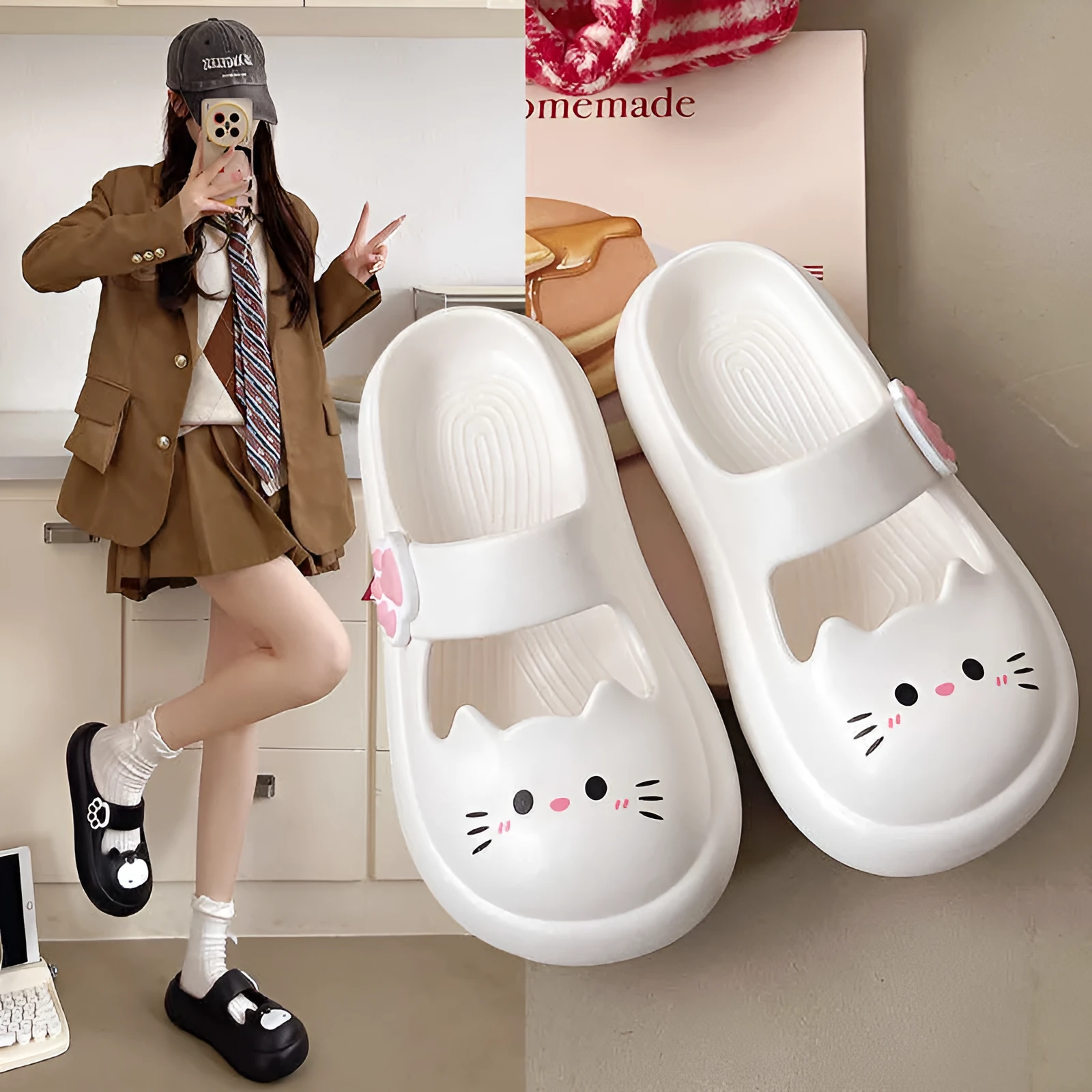 Cartoon closed-toe EVA slippers in white with thick non-slip sole