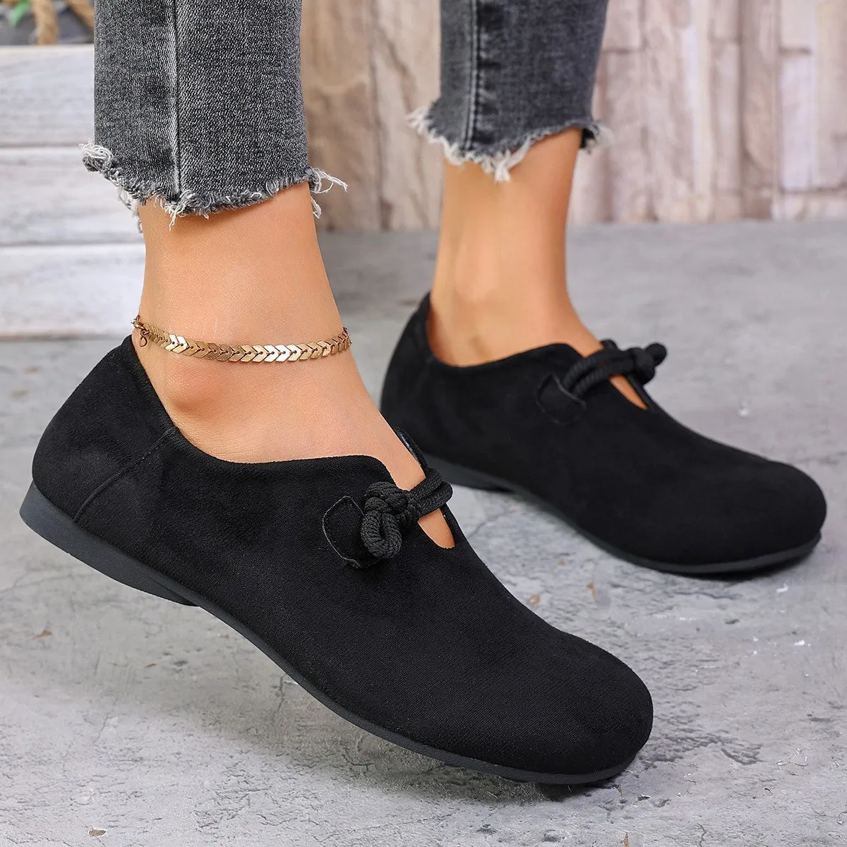 Round head slip-on full-cover solid colour suede flat shoes with flat heel and rubber sole