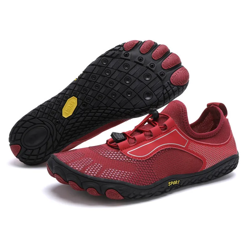 Upstream shoes with non-slip rubber sole, EVA midsole, four-sided elastic upper, low-top design in black, blue, white and black, or wine red