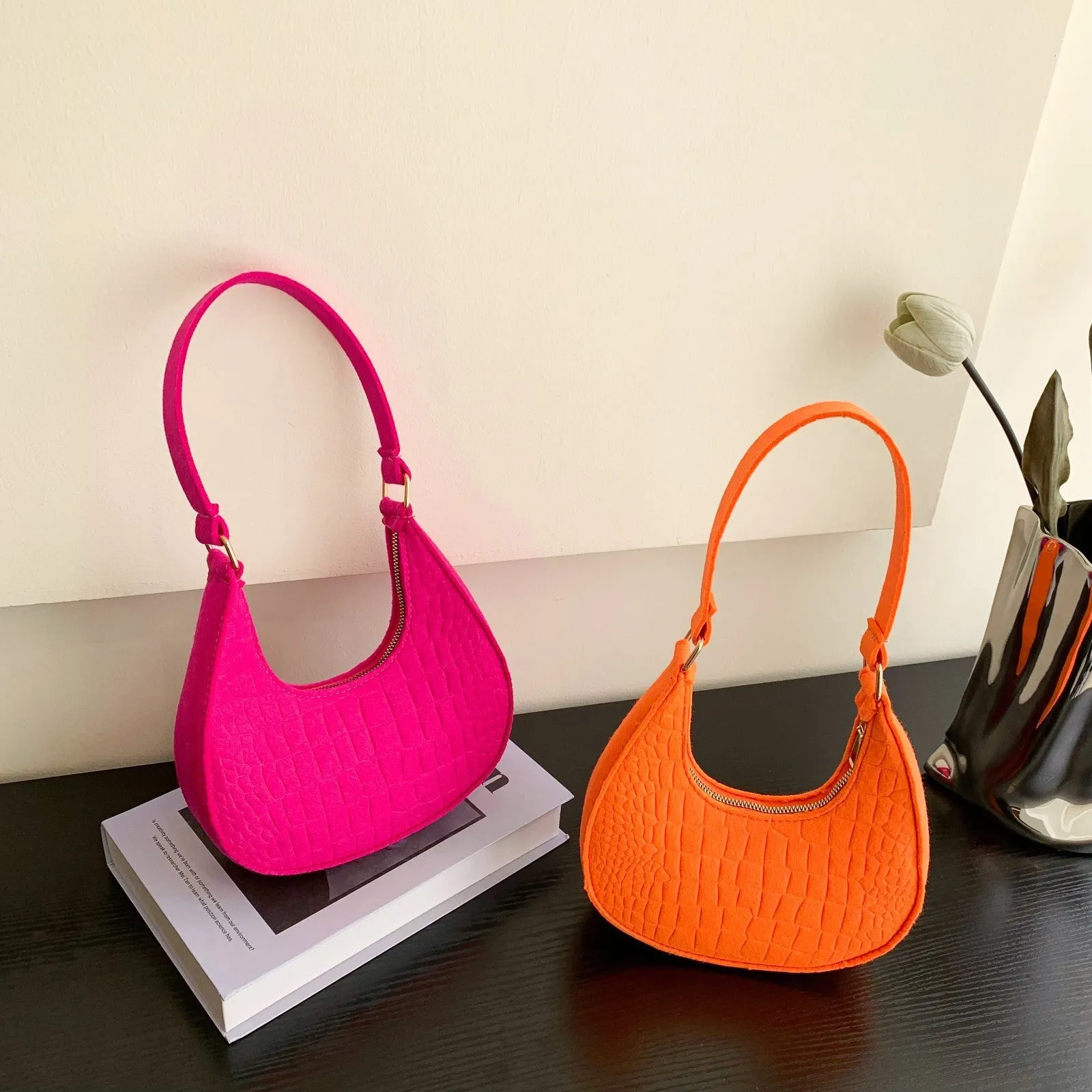 Casual felt shoulder handbag in Korean style, free size, available in multiple colours including orange red and khaki