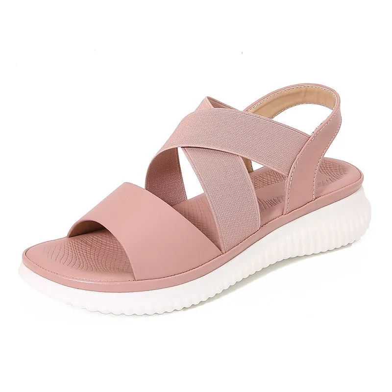 Bohemian style striped stretch rubber band flat sandals for women, PU upper, round toe, front lace-up, black colour
