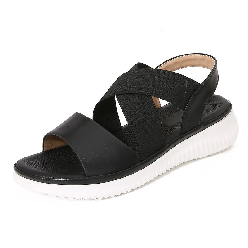 Bohemian style striped stretch rubber band flat sandals for women, PU upper, round toe, front lace-up, black colour