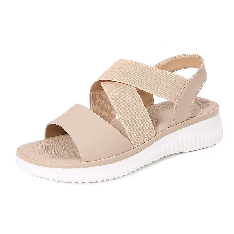 Bohemian style striped stretch rubber band flat sandals for women, PU upper, round toe, front lace-up, black colour