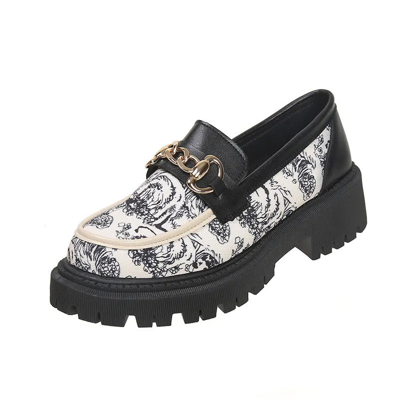 Plus size Mary Jane platform loafers with golden chain, PU upper, round toe, mid heel 3-5CM, available in Black, Milky White, Beige