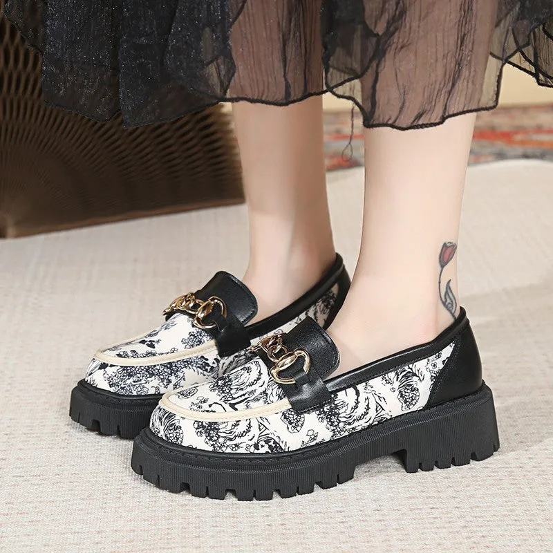 Plus size Mary Jane platform loafers with golden chain, PU upper, round toe, mid heel 3-5CM, available in Black, Milky White, Beige