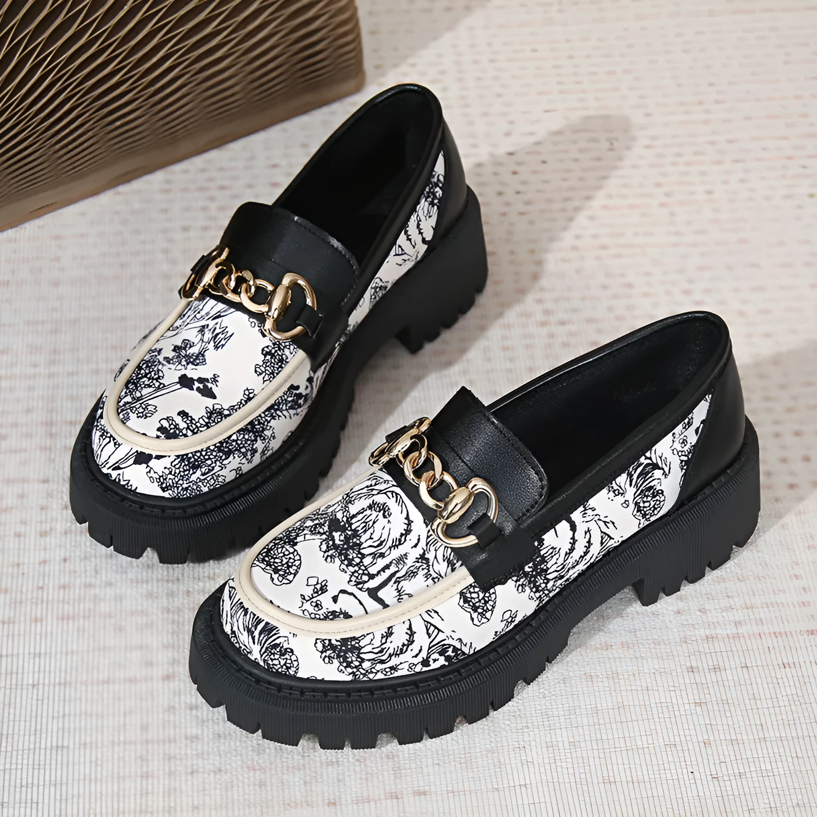 Plus size Mary Jane platform loafers with golden chain, PU upper, round toe, mid heel 3-5CM, available in Black, Milky White, Beige