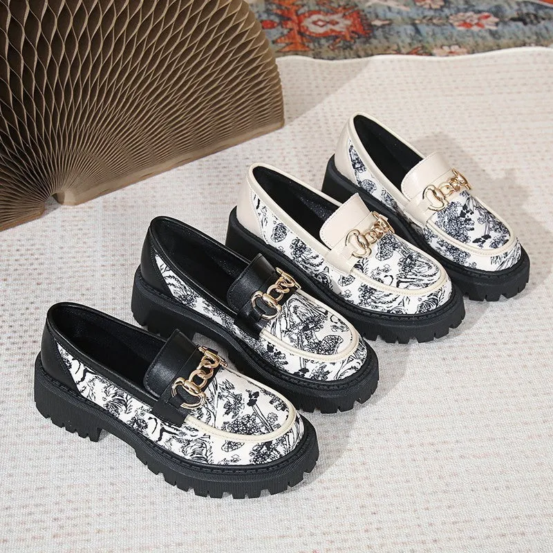 Plus size Mary Jane platform loafers with golden chain, PU upper, round toe, mid heel 3-5CM, available in Black, Milky White, Beige