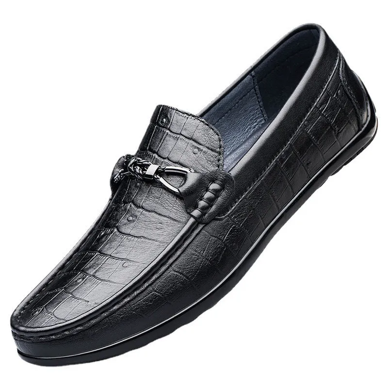 Round toe embossed casual leather shoes with flat heel in black first layer cowhide upper