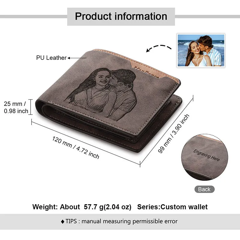 Coffee brown engraved horizontal short PU wallet for men, showing photo personalisation on the cover.