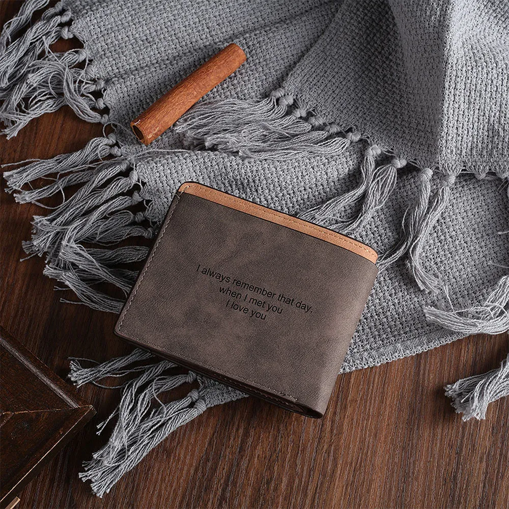 Coffee brown engraved horizontal short PU wallet for men, showing photo personalisation on the cover.