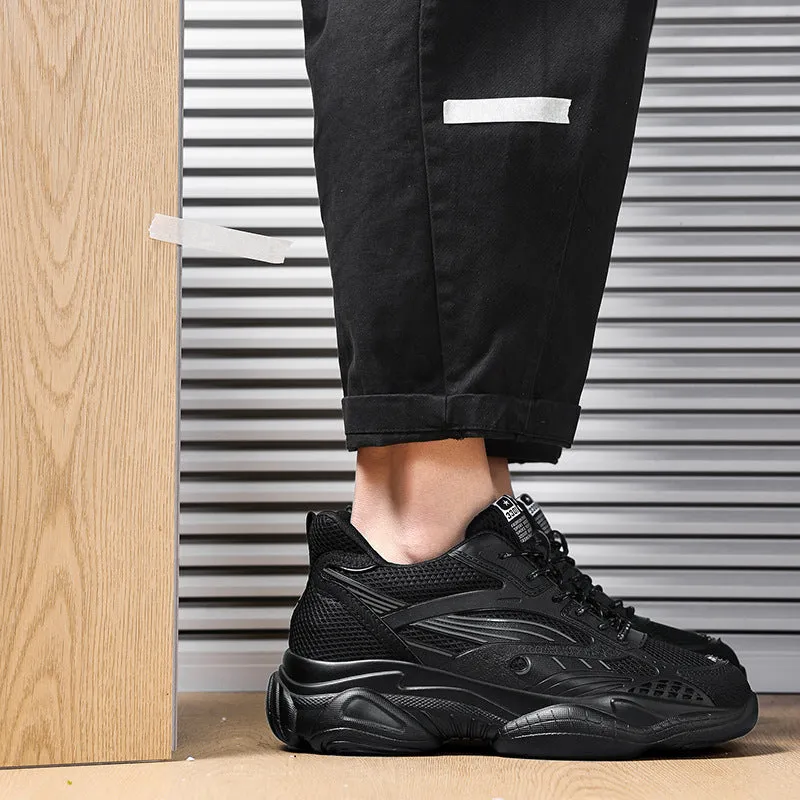 Breathable mesh casual sneakers with hidden elevator 6cm height increase black fabric upper lace-up