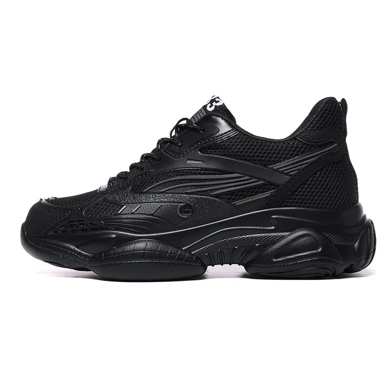 Breathable mesh casual sneakers with hidden elevator 6cm height increase black fabric upper lace-up