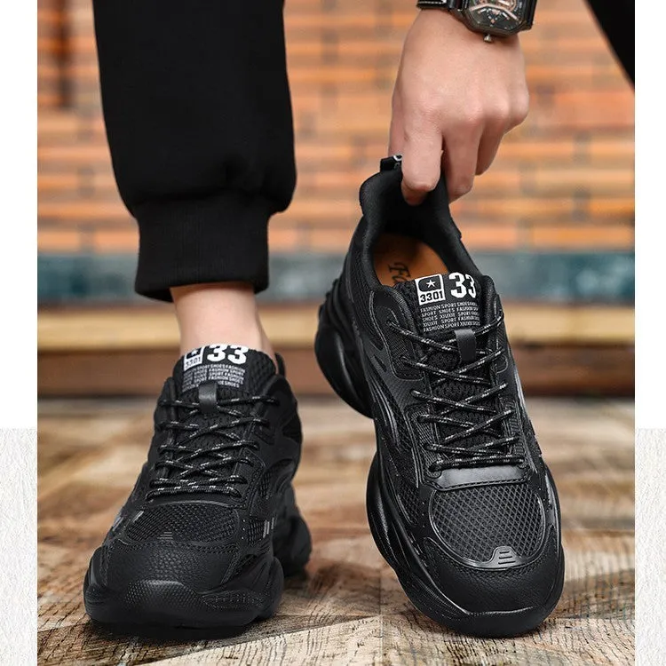 Breathable mesh casual sneakers with hidden elevator 6cm height increase black fabric upper lace-up
