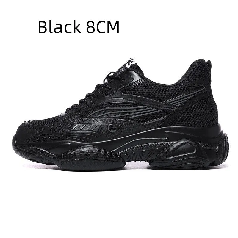 Breathable mesh casual sneakers with hidden elevator 6cm height increase black fabric upper lace-up