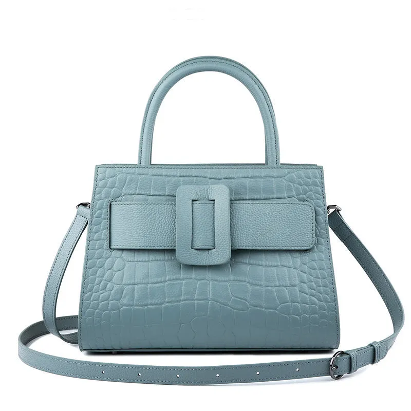 Women's genuine leather crossbody bag with crocodile pattern, double shoulder straps, available in Cloudy Blue