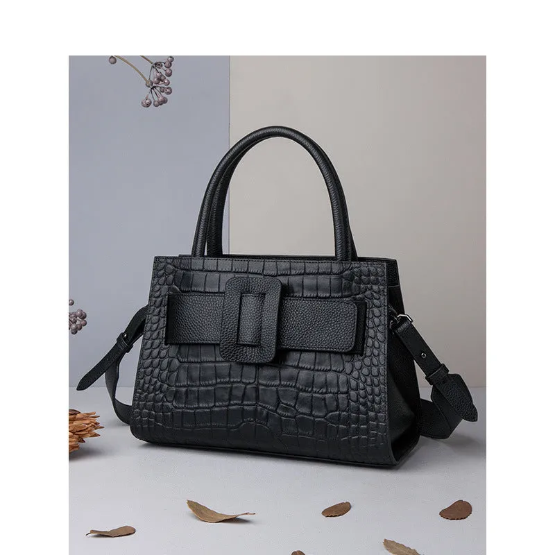 Women's genuine leather crossbody bag with crocodile pattern, double shoulder straps, available in Cloudy Blue