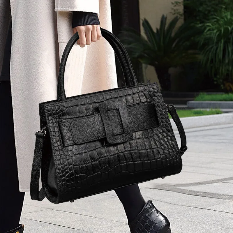 Women's genuine leather crossbody bag with crocodile pattern, double shoulder straps, available in Cloudy Blue