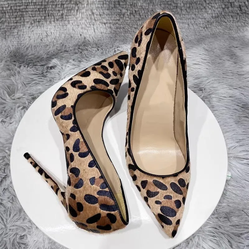 Suede leopard print high heels for women with rhinestone toe, pointed stiletto, rubber sole