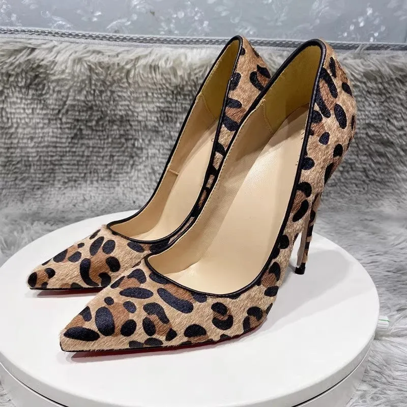 Suede leopard print high heels for women with rhinestone toe, pointed stiletto, rubber sole