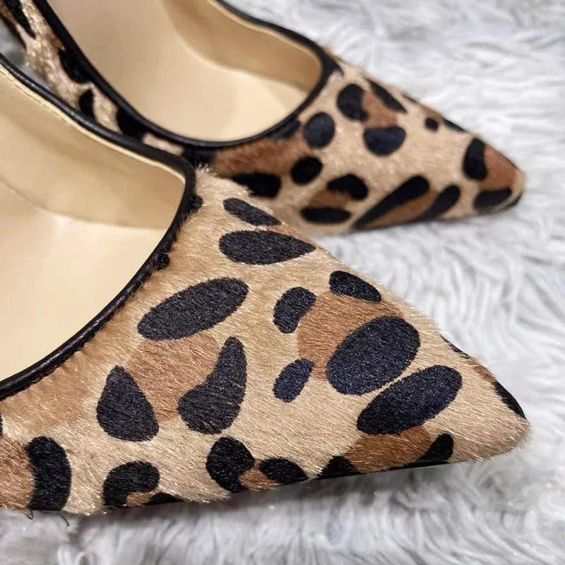 Suede leopard print high heels for women with rhinestone toe, pointed stiletto, rubber sole
