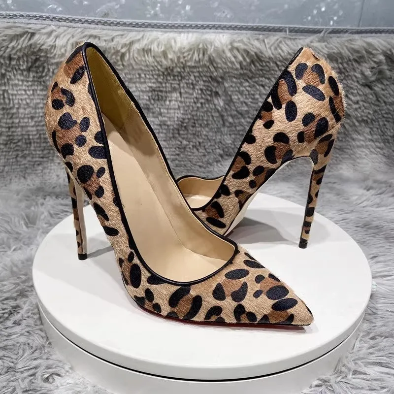 Suede leopard print high heels for women with rhinestone toe, pointed stiletto, rubber sole