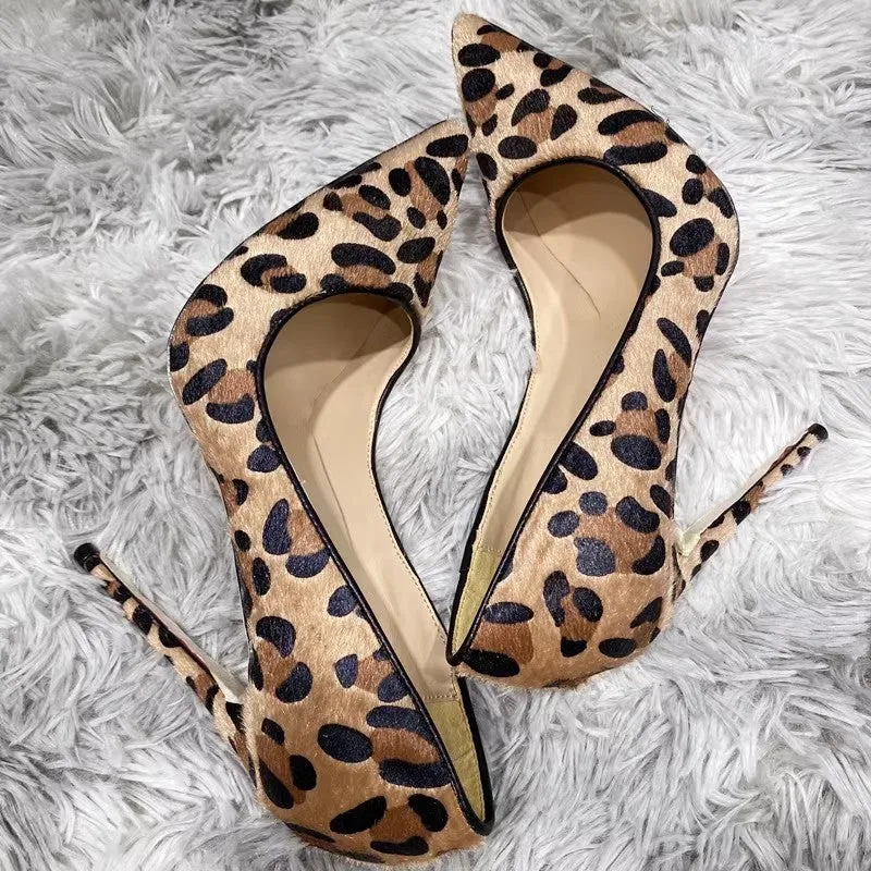 Suede leopard print high heels for women with rhinestone toe, pointed stiletto, rubber sole