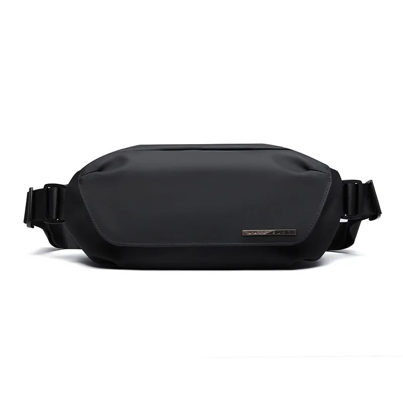 Black Oxford cloth men's messenger bag with single shoulder strap and sewing thread details
