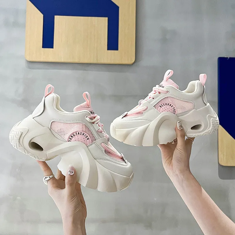Women's pink casual sneakers with thick sole and cross shoulder strap design