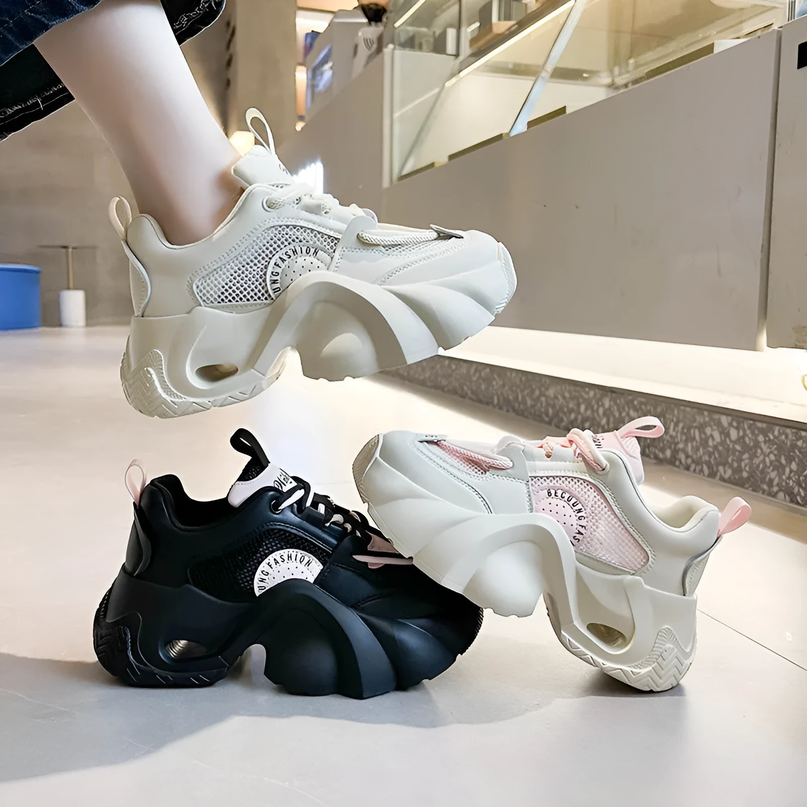 Women's pink casual sneakers with thick sole and cross shoulder strap design