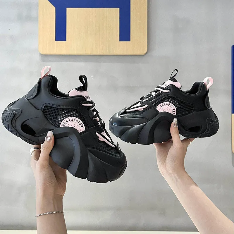 Women's pink casual sneakers with thick sole and cross shoulder strap design