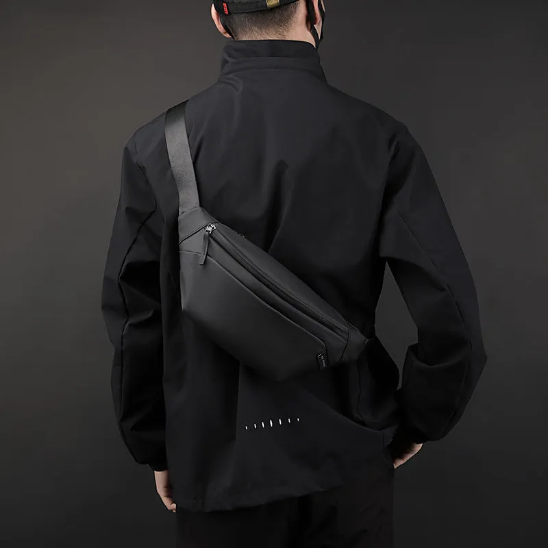 Outdoor casual waterproof nylon crossbody shoulder bag for men in black solid colour sewing line detail