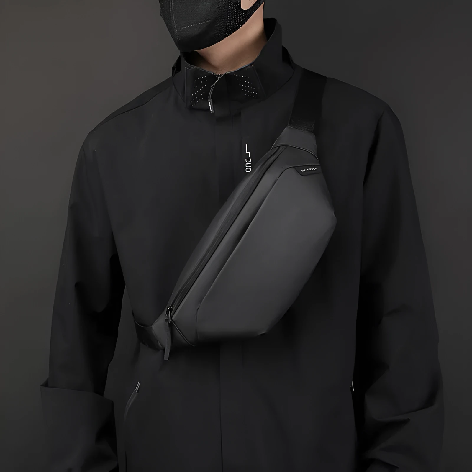 Outdoor casual waterproof nylon crossbody shoulder bag for men in black solid colour sewing line detail