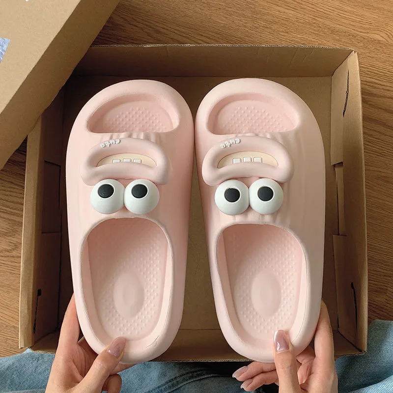 Sausage mouth slippers in light blue with soft EVA sole on wooden floor, indoor household use
