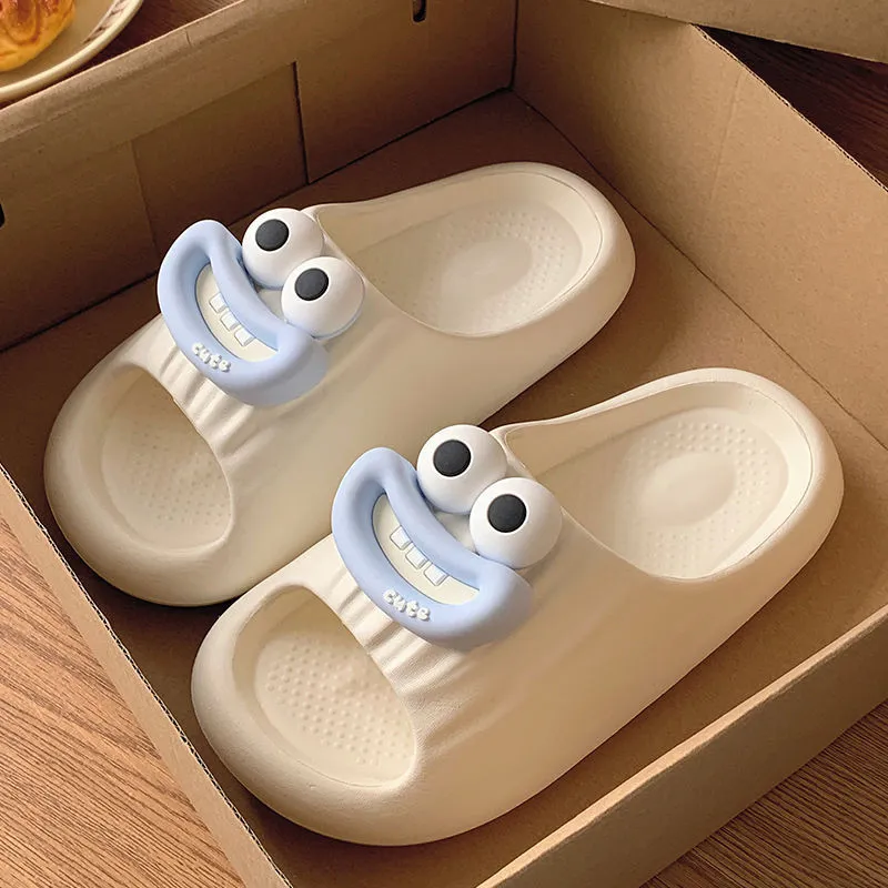 Sausage mouth slippers in light blue with soft EVA sole on wooden floor, indoor household use