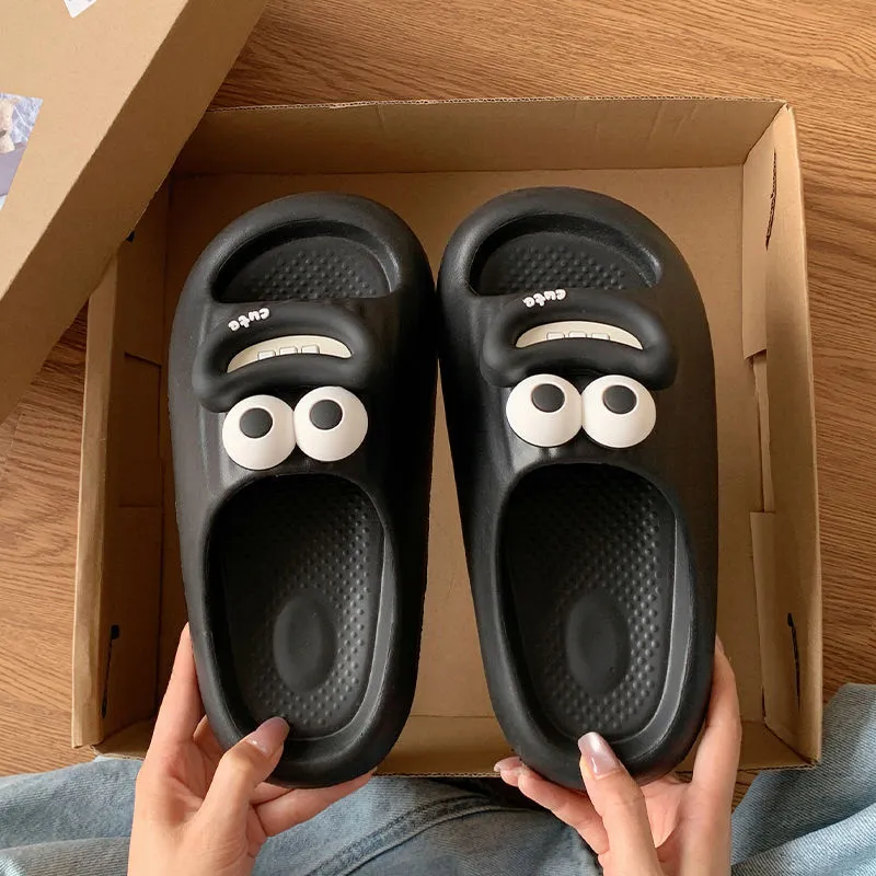 Sausage mouth slippers in light blue with soft EVA sole on wooden floor, indoor household use