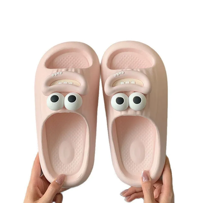 Sausage mouth slippers in light blue with soft EVA sole on wooden floor, indoor household use