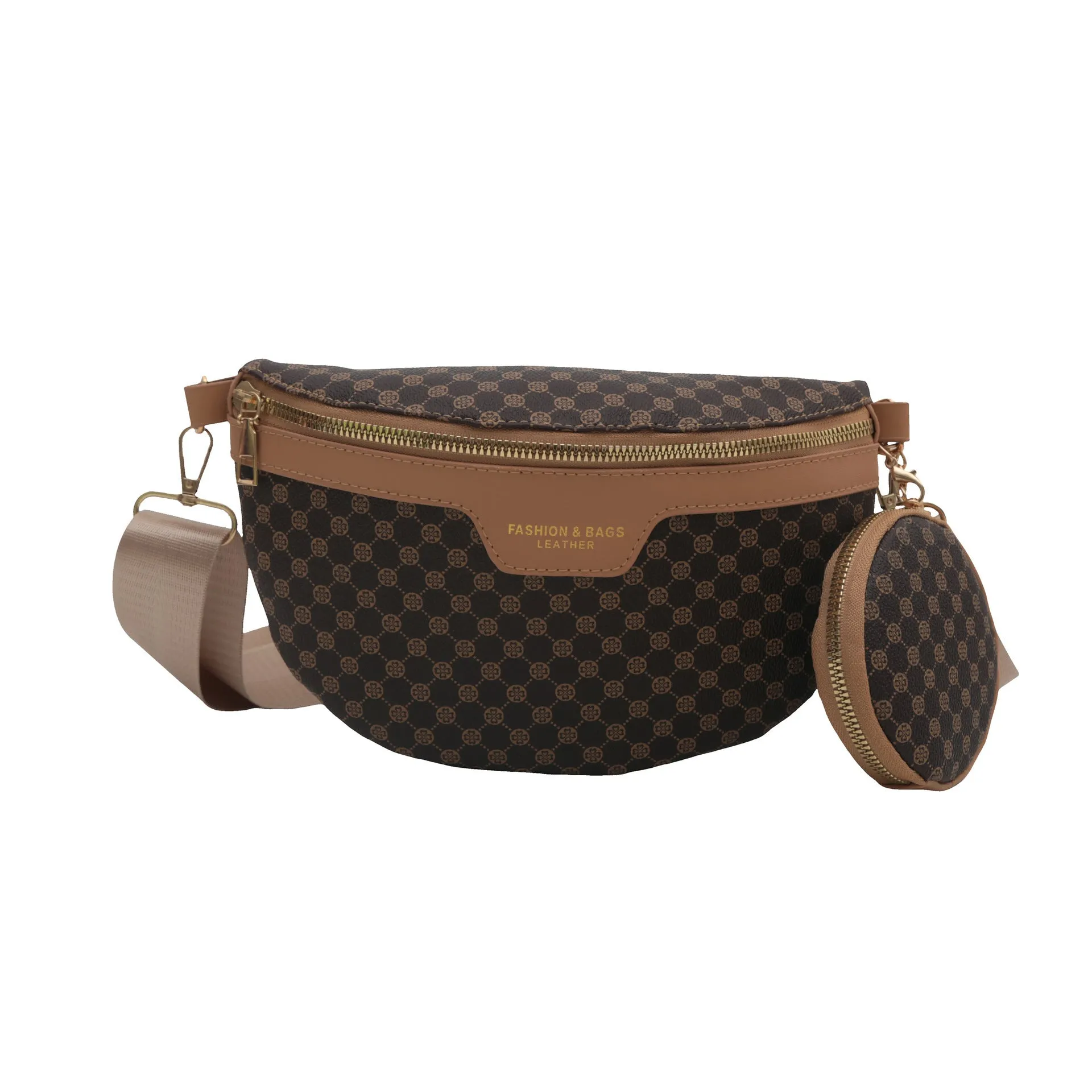 Retro printed portable PU crossbody bag in coffee colour with sewing thread detailing and sandwich pocket