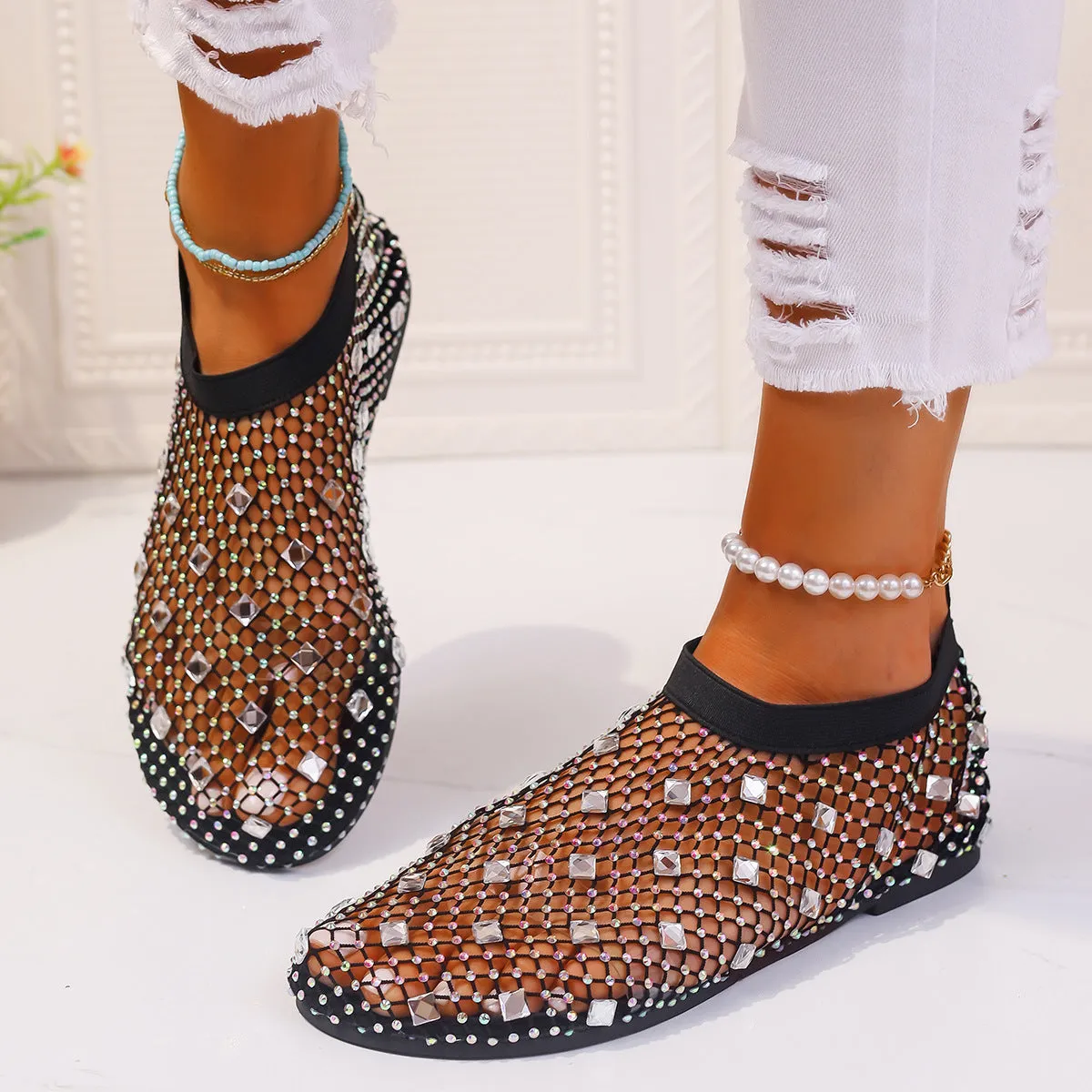 Women's colourful rhinestone mesh flat sandals with round toe and rubber sole