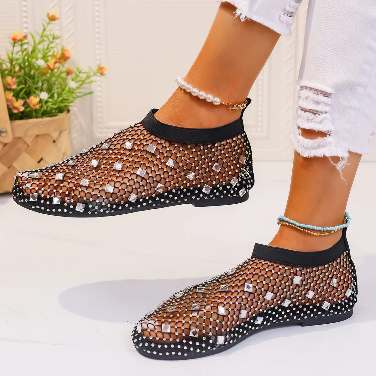 Women's colourful rhinestone mesh flat sandals with round toe and rubber sole